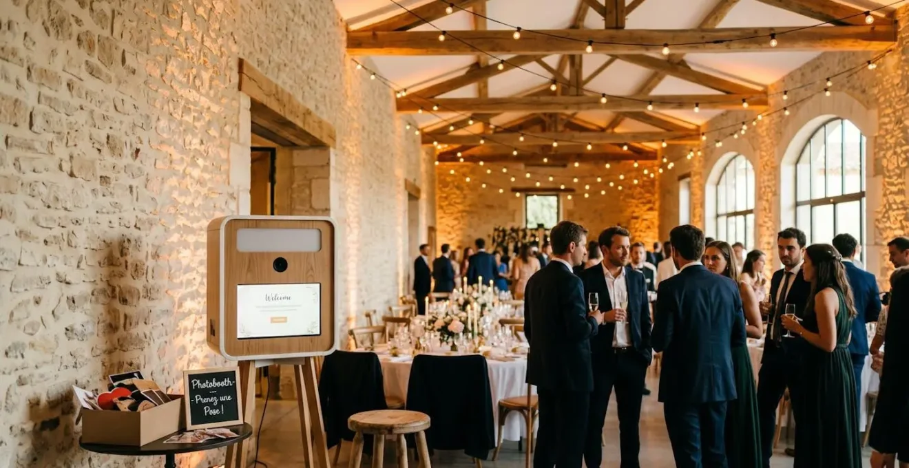 Borne photo moderne installée dans une salle de réception provençale avec murs en pierre et poutres apparentes, guirlandes lumineuses, invités en arrière-plan flou