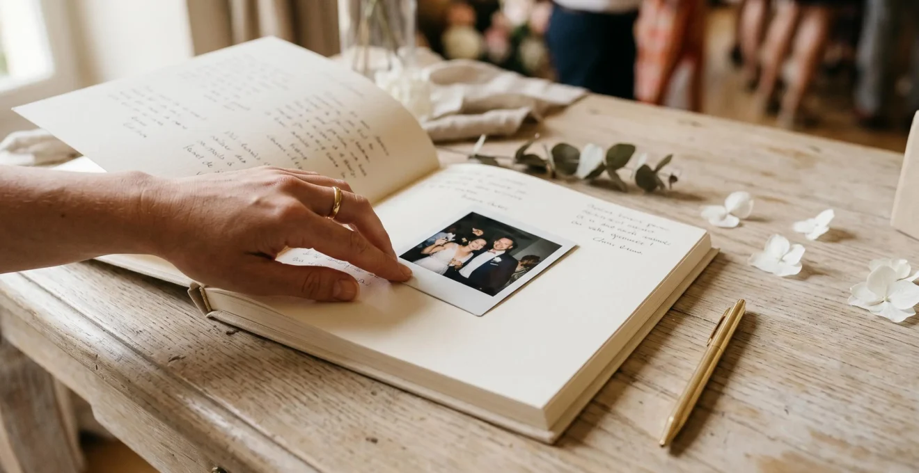 Gros plan d'une main collant une photo instantanée dans un livre d'or mariage ouvert, sur table en bois clair avec stylo doré et pétales blancs, lumière naturelle douce