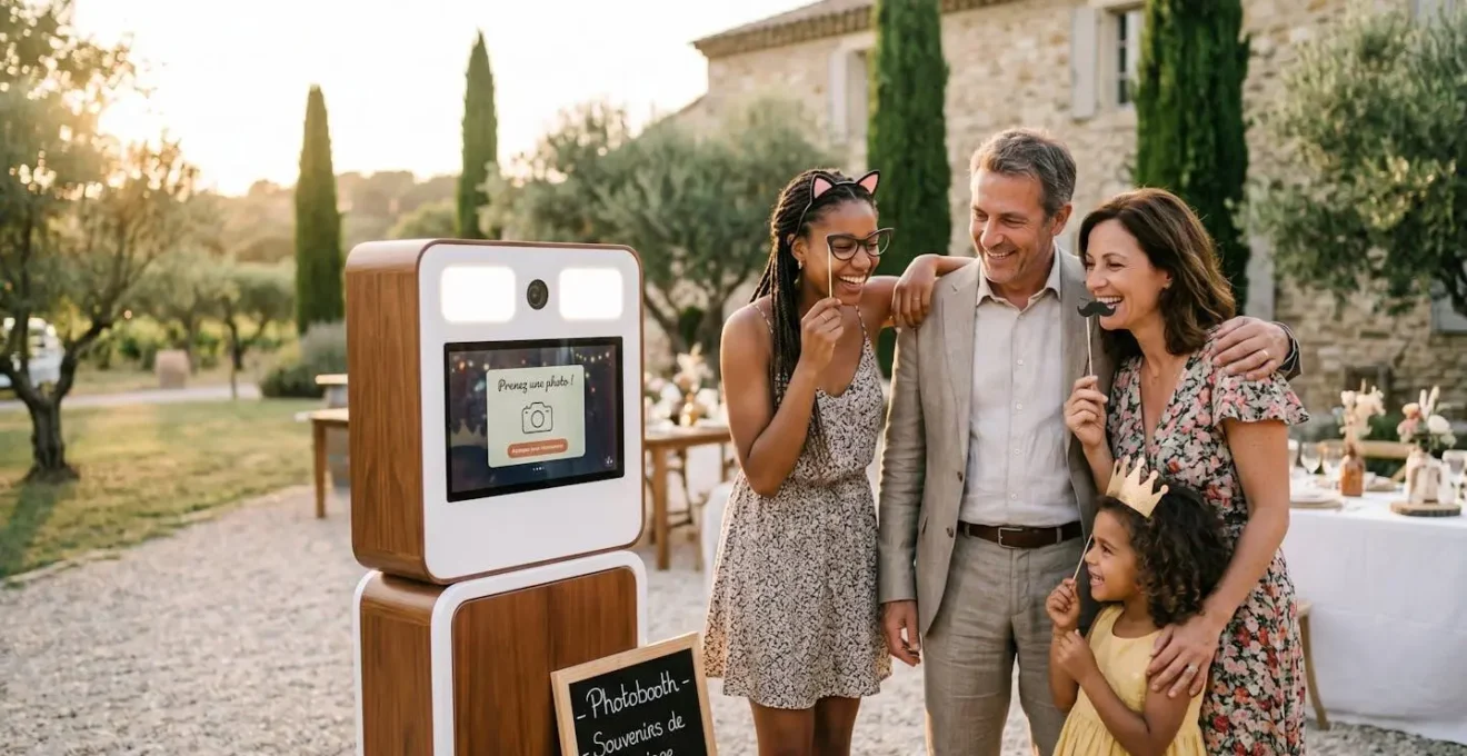 Groupe multigénérationnel d'invités riant devant une borne photo moderne installée en extérieur lors d'un mariage en Provence, lumière dorée de fin d'après-midi, olivier en arrière-plan