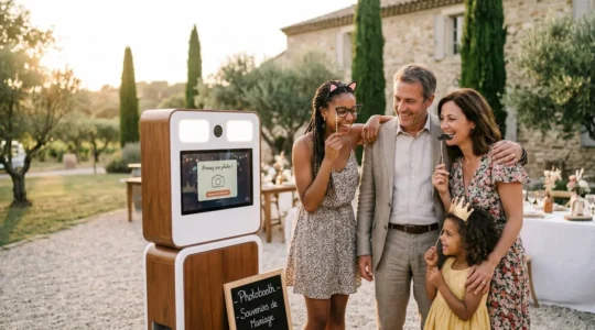 Groupe multigénérationnel d'invités riant devant une borne photo moderne installée en extérieur lors d'un mariage en Provence, lumière dorée de fin d'après-midi, olivier en arrière-plan