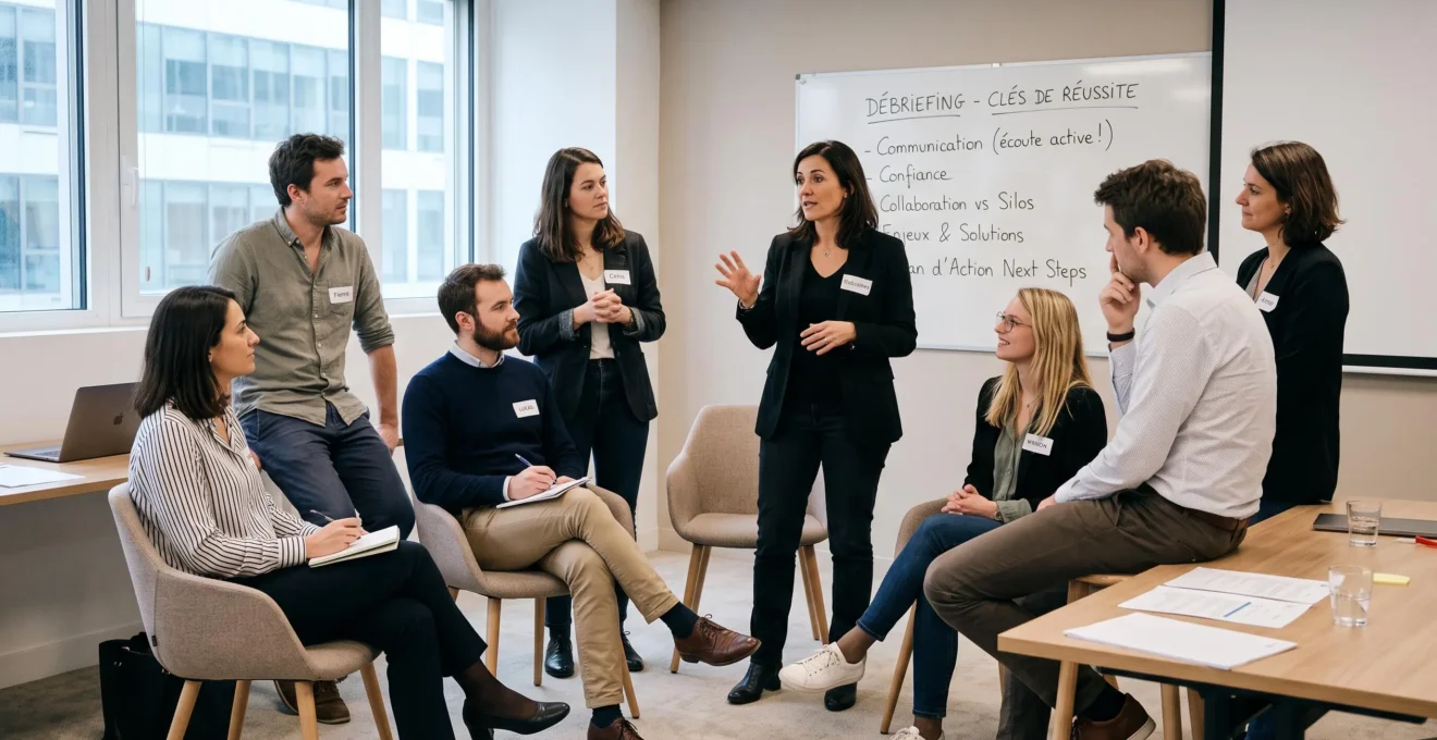 Facilitateur menant un debriefing avec une équipe après une activité de team building en entreprise