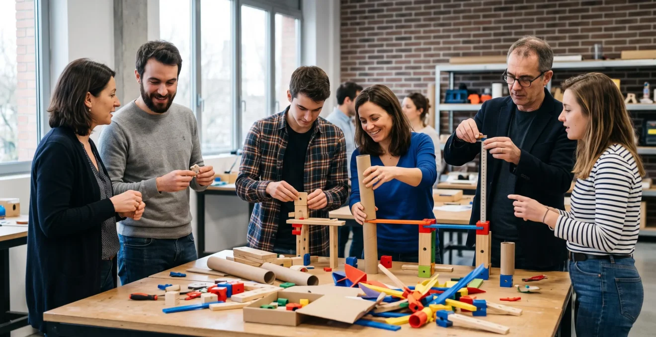 Équipe de collaborateurs construisant une structure lors d'un défi créatif indoor de team building