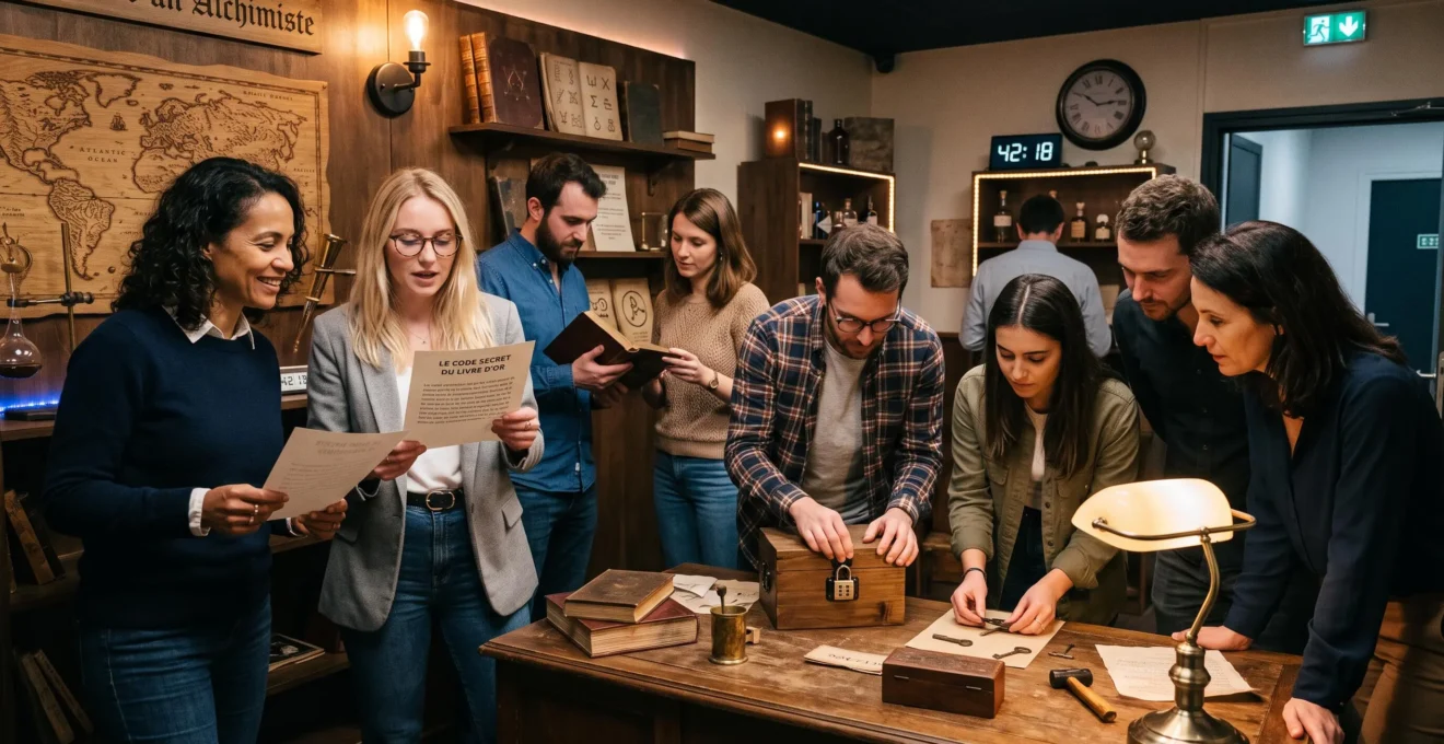 Équipe de collaborateurs résolvant activement des énigmes lors d'une session d'escape game en entreprise
