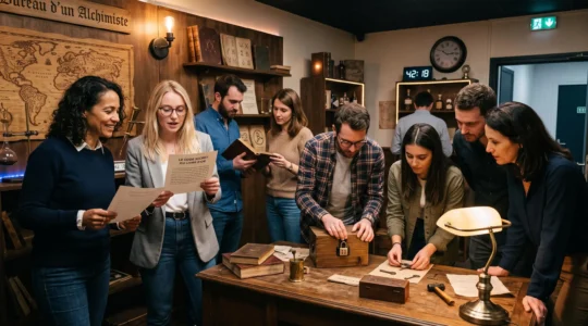 Équipe de collaborateurs résolvant activement des énigmes lors d'une session d'escape game en entreprise