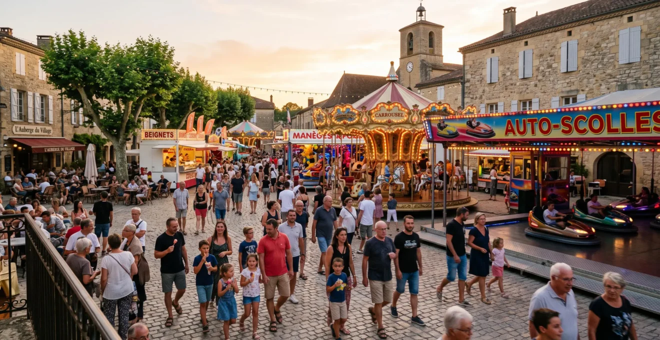Fête foraine traditionnelle installée sur une place publique d'un village français avec manèges et visiteurs.