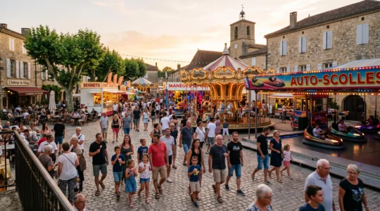 Fête foraine traditionnelle installée sur une place publique d'un village français avec manèges et visiteurs.