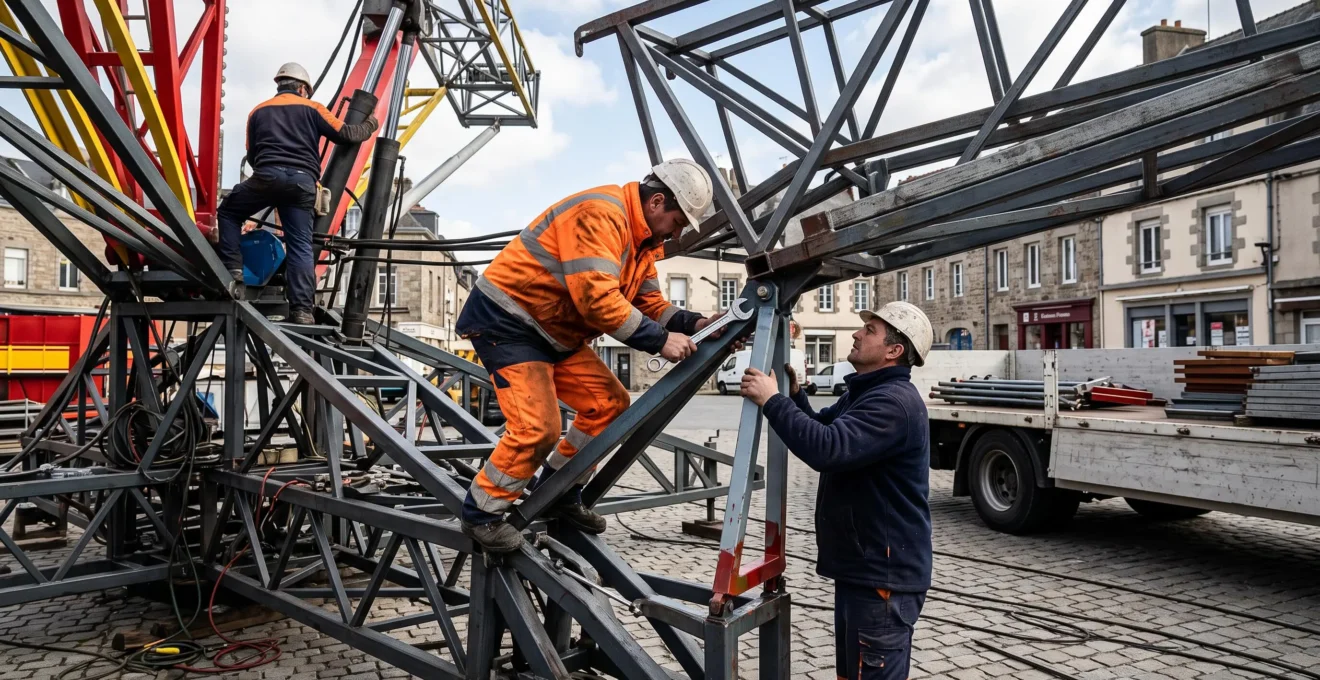 Forains assemblant la structure métallique d'une attraction lors de la phase d'installation sur une place publique.