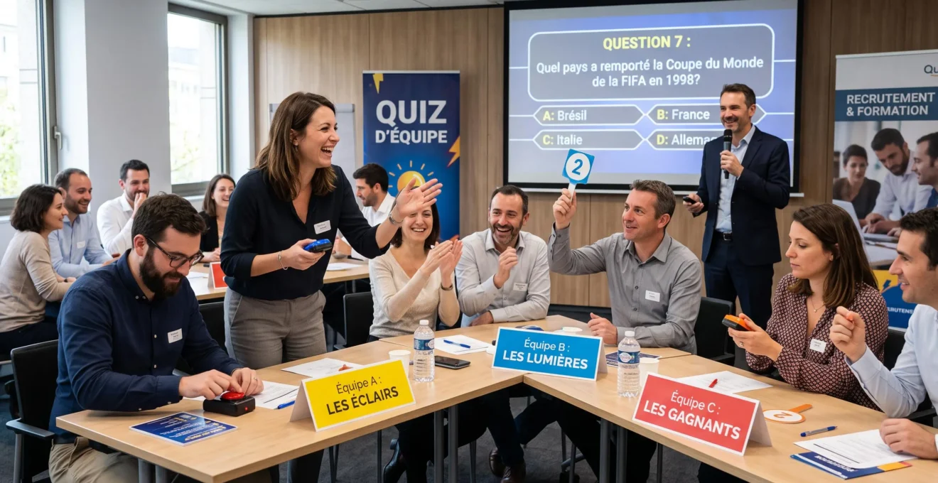 Équipes de collaborateurs participant à un quiz interactif avec buzzers lors d'une activité de team building