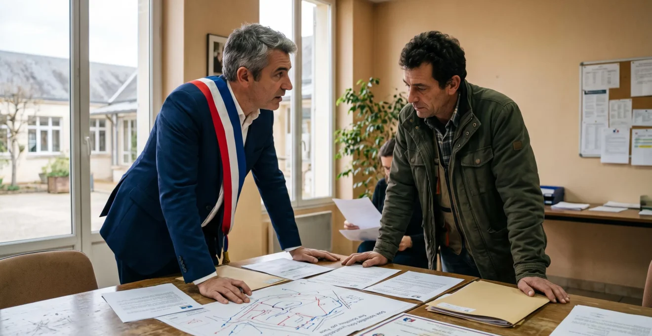 Élu municipal et exploitant forain examinant ensemble les documents d'autorisation et plans d'implantation.