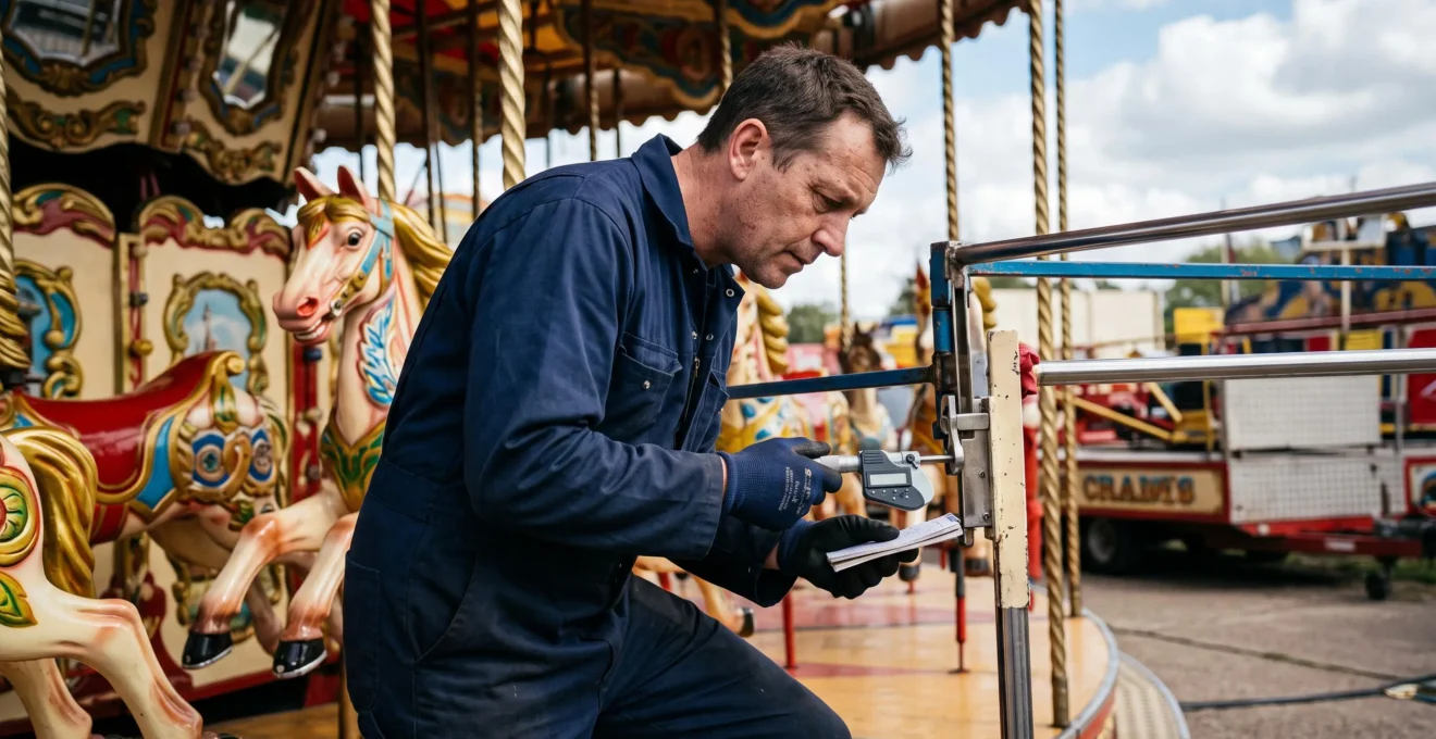 Technicien réalisant l'inspection des dispositifs de sécurité d'un manège forain avant ouverture au public.